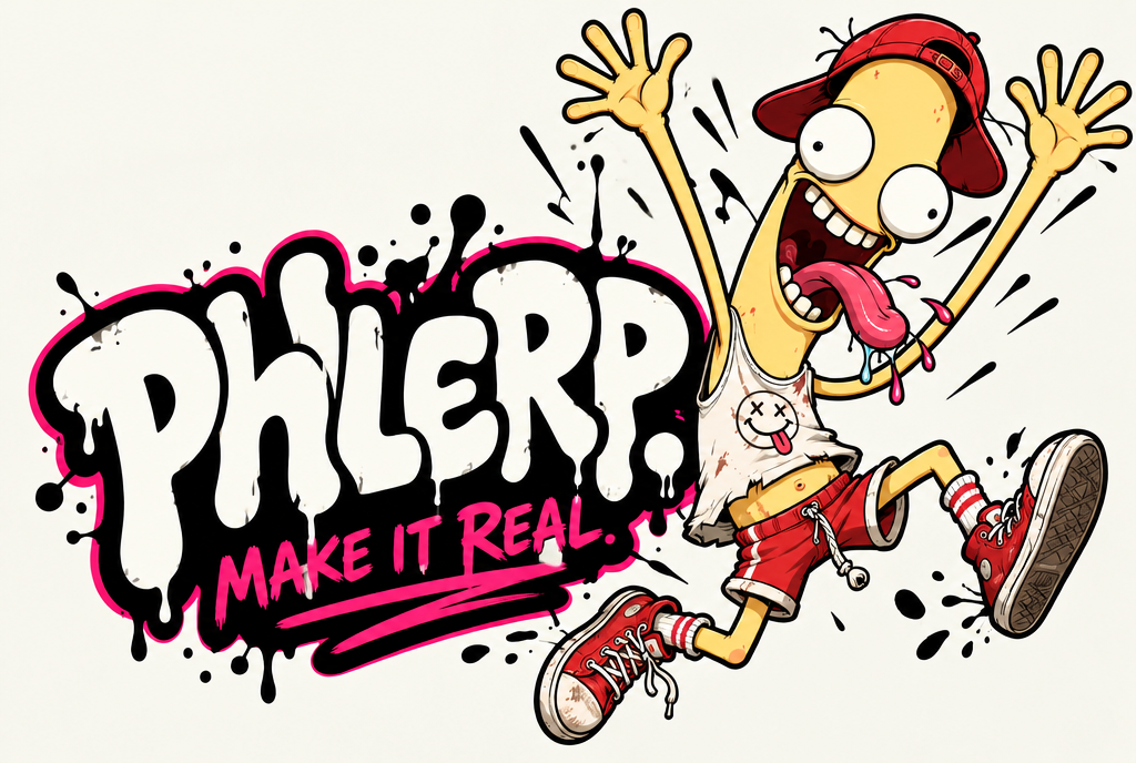 Phlerp leaping with arms up beside the PHLERP Make It Real graffiti logo